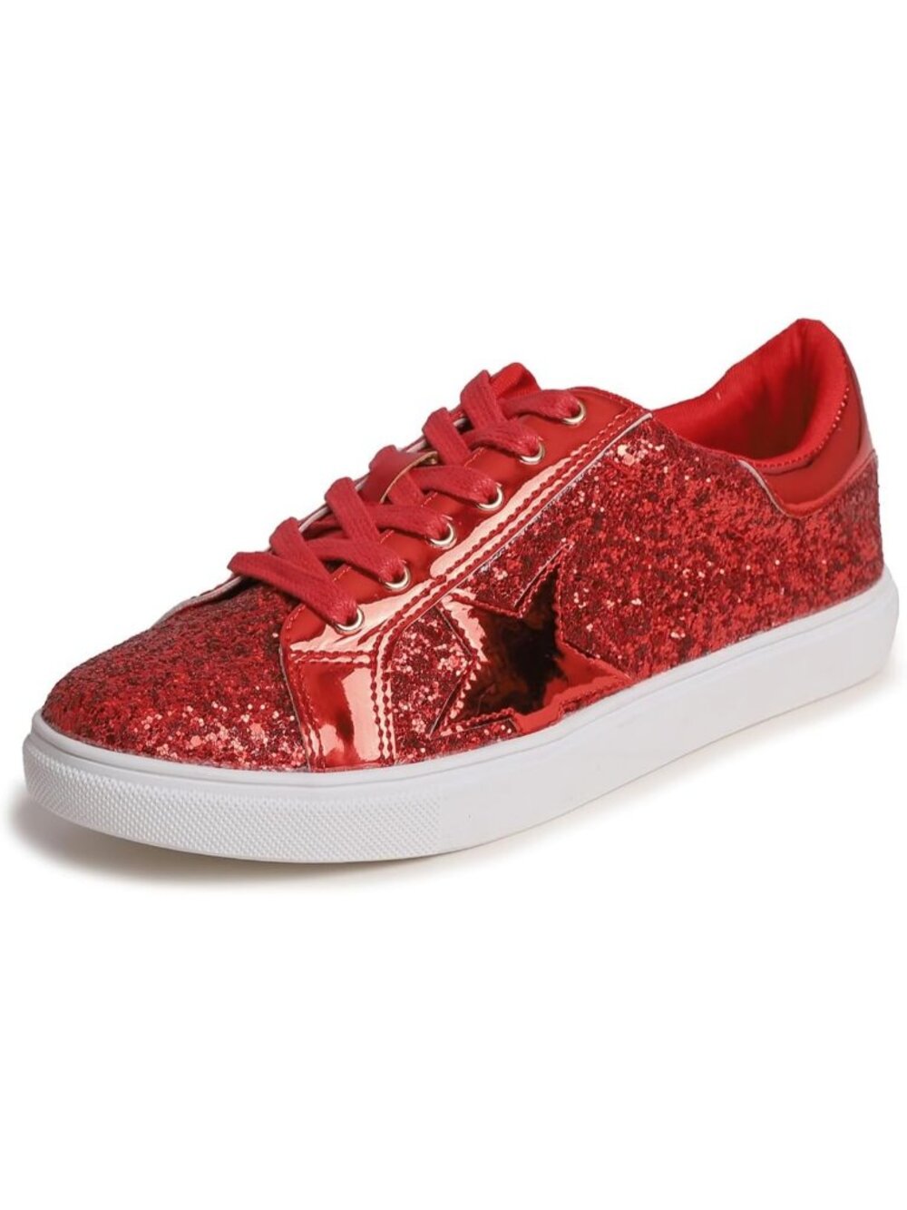 Women's Red Glitter Star Lace Up Sparkly Party Shiny Stylish Fashion Sneakers